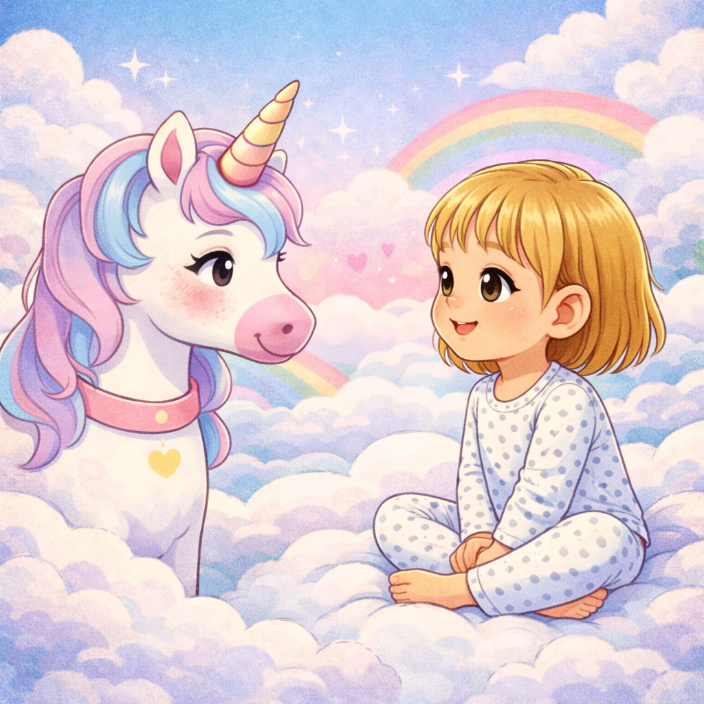 Ilustración temporal de Odaia sobre una nube con un unicornio