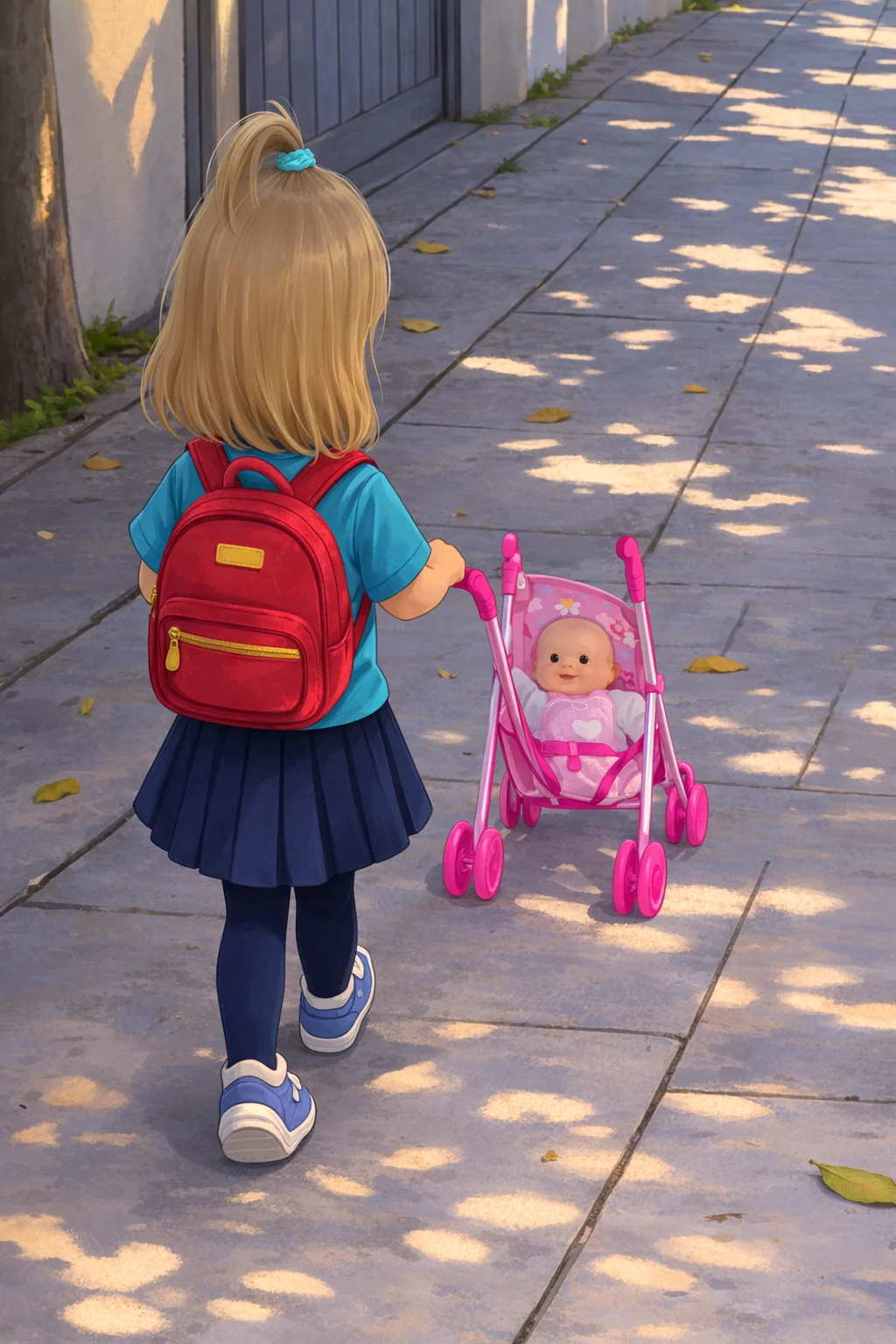 Odaia paseando con su cochecito de juguete